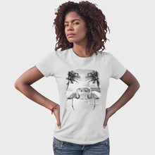 Load and play video in Gallery viewer, Women&#39;s Colorful Flamingo Palm Tree Solar Tee
