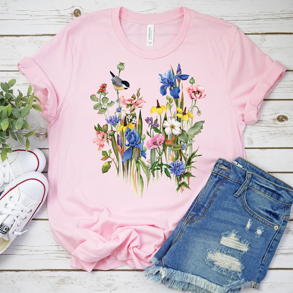 Floral Spring T-shirt, Spring Birds And Flowers Tee