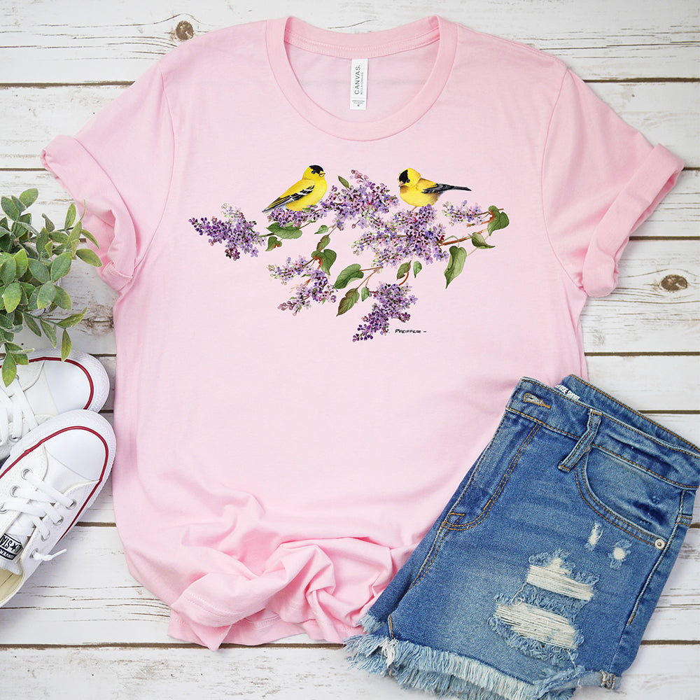 Floral Spring T-shirt, Gold Finches And Flowers Tee