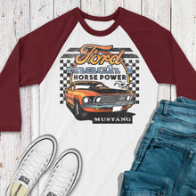 Load image into Gallery viewer, Ford Long Sleeve Tee, Mustang Mach Horsepower Three Quarter Sleeve Baseball Tee
