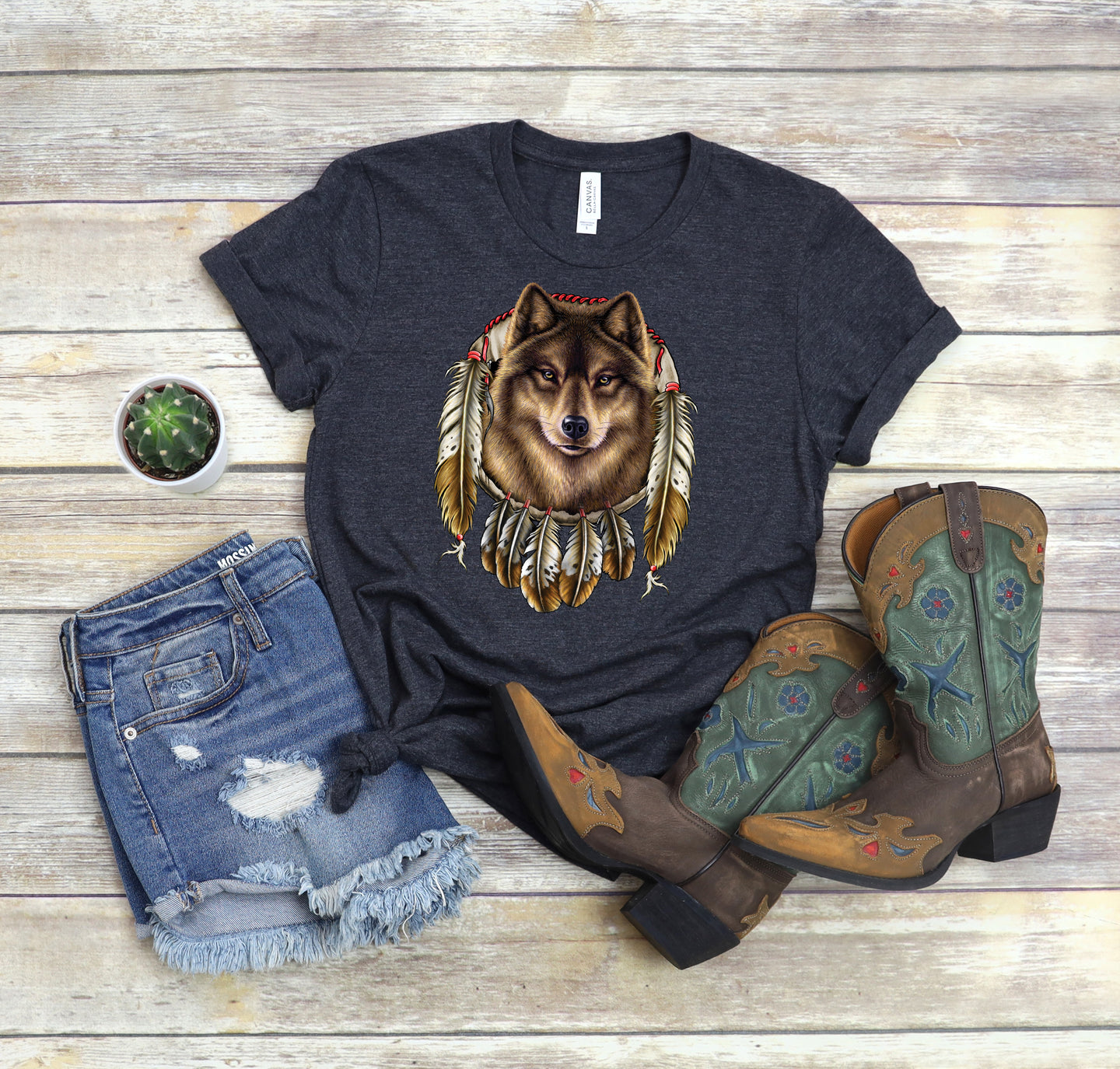 Southwest T-Shirt, Wolf Dreamcatcher Tee