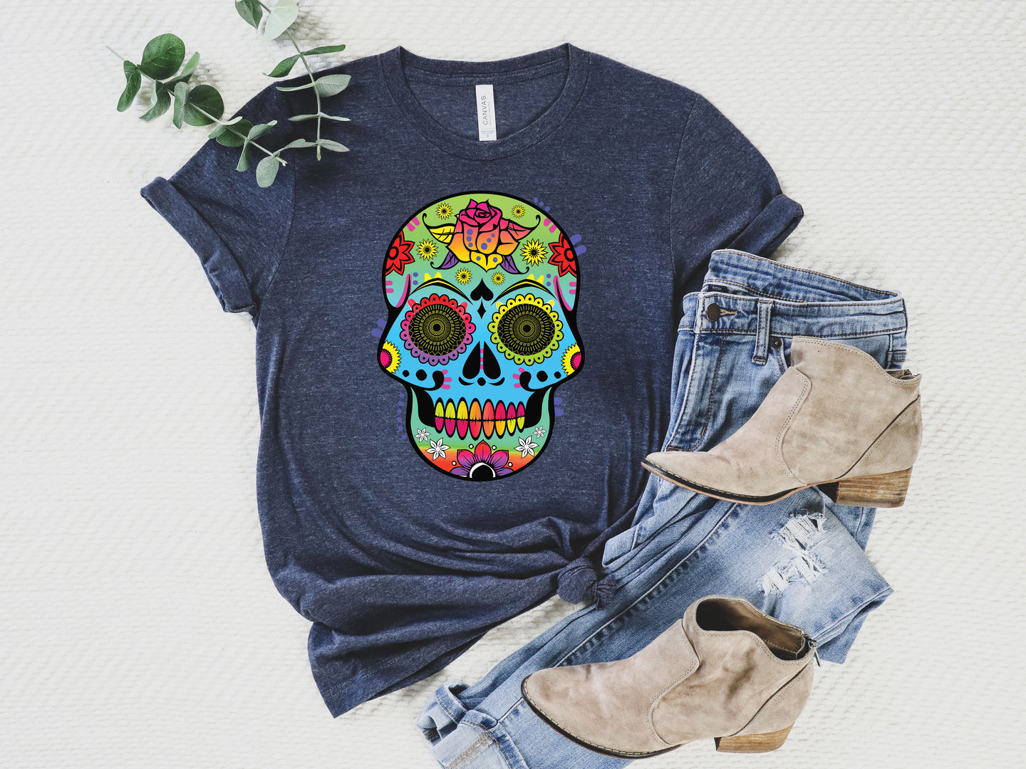 Sugar Skull T-Shirt, Neon Colorful Sugar Skull Tee